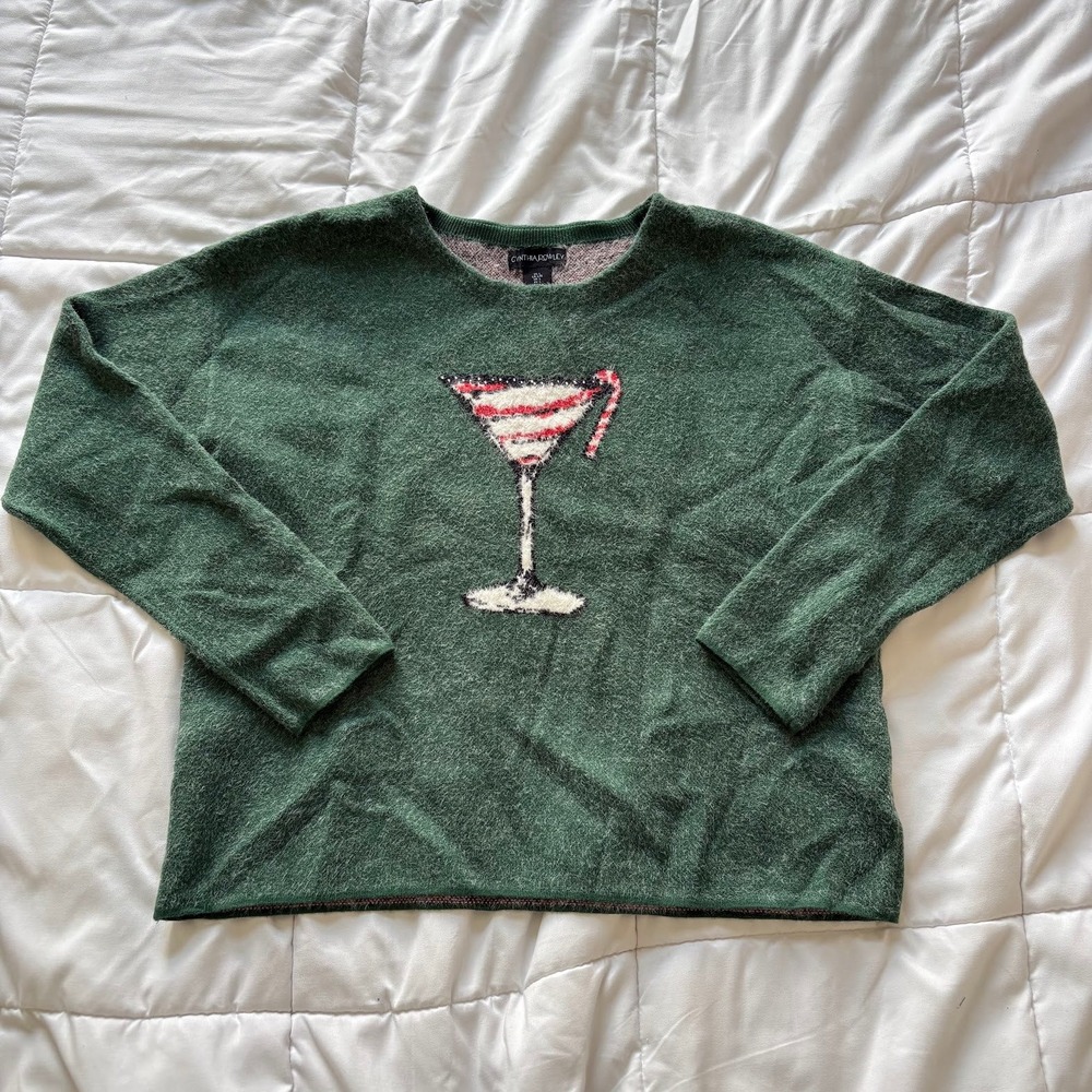 Cynthia Rowley Green Martini Candy Cane Holiday Sweater Large